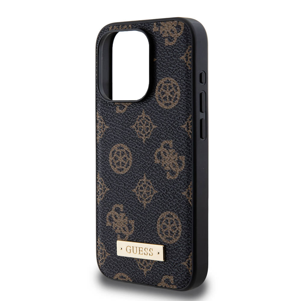 Guess iPhone 15 Pro M-safe Şarj Özellikli PU Deri Desenli Metal Plaka Logolu Kılıf Guess iPhone 15 Pro M-safe Şarj Özellikli PU Deri Desenli Metal Plaka Logolu Kılıf